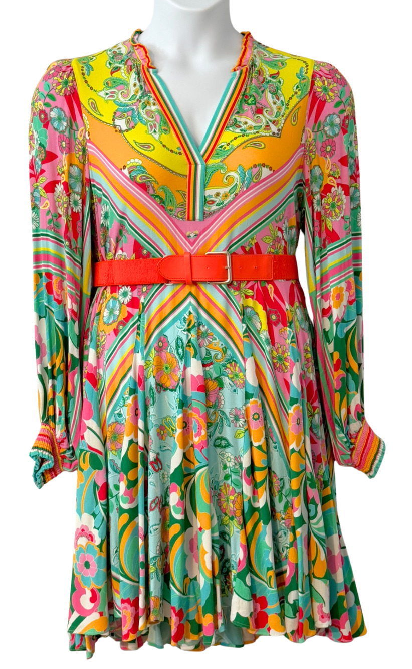 Hale Bob LA Sz XL Verena Dress Full Skirt Paisley Scarf Print Crepe Orange Pink
